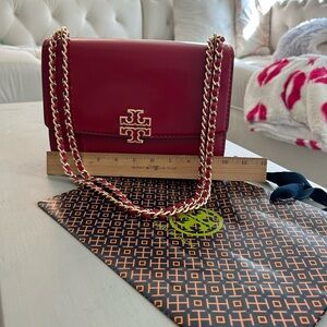 Tory Burch Red Leather Crossbody Bag with Gold Chain